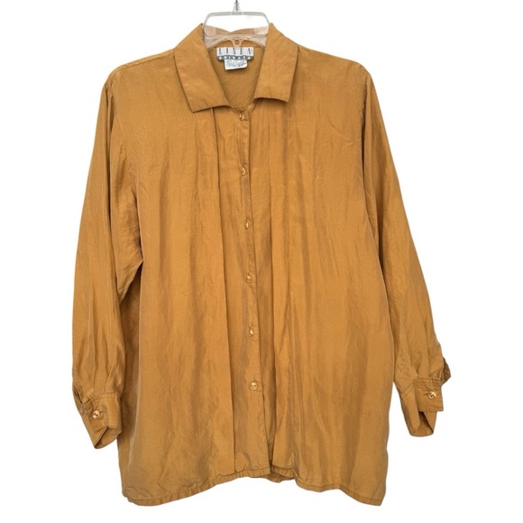 Vintage 80s Silk Pleated Button Up Shirt Size Small Golden Yellow Ochre - Picture 1 of 7